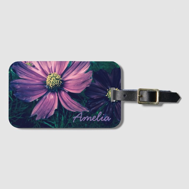 Personalisierte dunkelviolette Blumen Gepäckanhänger (Vorderseite (Horizontal))