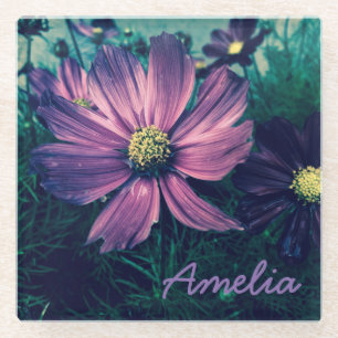 Personalisierte dunkelviolette Blumen Glasuntersetzer