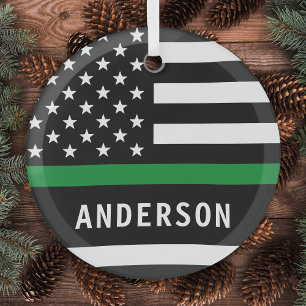 Personalisierte dünne grüne Linie Militärweihnacht Ornament Aus Glas