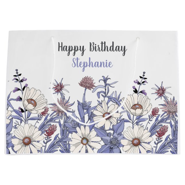 Personalisierte Dusty Blue-Wildblumen Große Geschenktüte (Vorderseite)