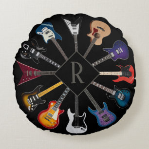 Personalisierte E-Gitarre Kreis Schwarz Rundes Kissen