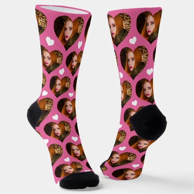 Personalisierte Ehefrau Foto Herzstück Liebe Rosa Socken (Gewinkelt)