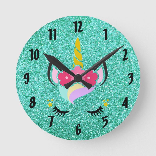 Personalisierte Einhorn-Aquamarine Glitzer-Wandkle Runde Wanduhr (Vorderseite)