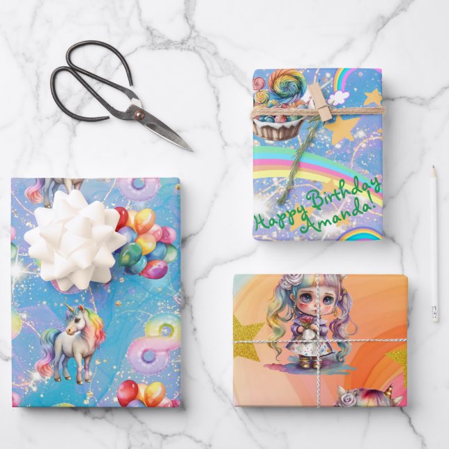 personalisierte Einhorn-Geschenkpackung zum 8. Geb Geschenkpapier Set (Vorderseite)