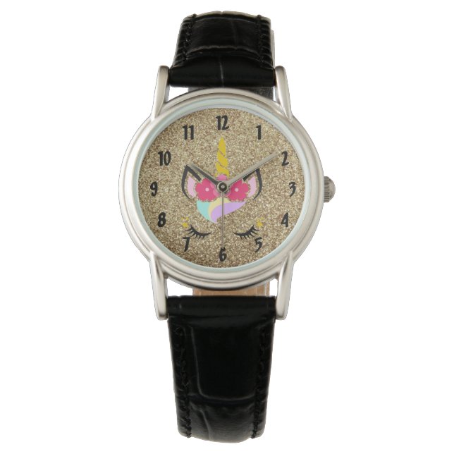 Personalisierte Einhorn Gold Glitzer Armbanduhr (Vorderseite)