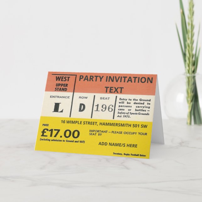 Personalisierte Einladungskarte für Rugby Ticket D (Vorderseite)