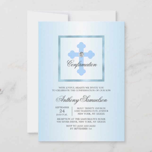 Personalisierte Elegant Blue Cross BestätigungsBOY Einladung (Vorderseite)