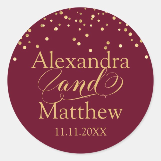 Personalisierte Elegant Burgundy Gold Wedding Clas Runder Aufkleber (Vorderseite)