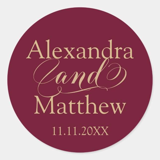 Personalisierte Elegant Burgundy Gold Wedding Runder Aufkleber (Vorderseite)