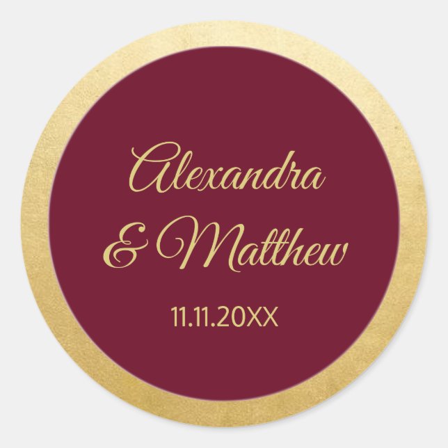 Personalisierte Elegant Burgundy Gold Wedding Runder Aufkleber (Vorderseite)