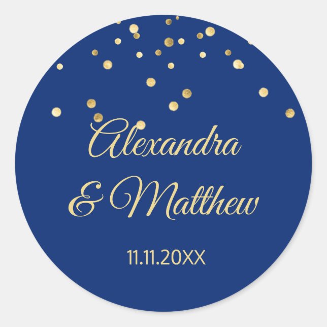 Personalisierte Elegant Navy Blue Gold Hochzeit Runder Aufkleber (Vorderseite)