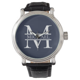 Personalisierte Elegant Navy Blue Monogram und Nam Armbanduhr
