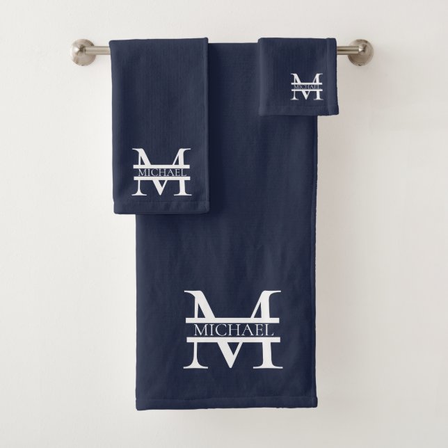 Personalisierte Elegant Navy Blue Monogram und Nam Badhandtuch Set (Insitu)