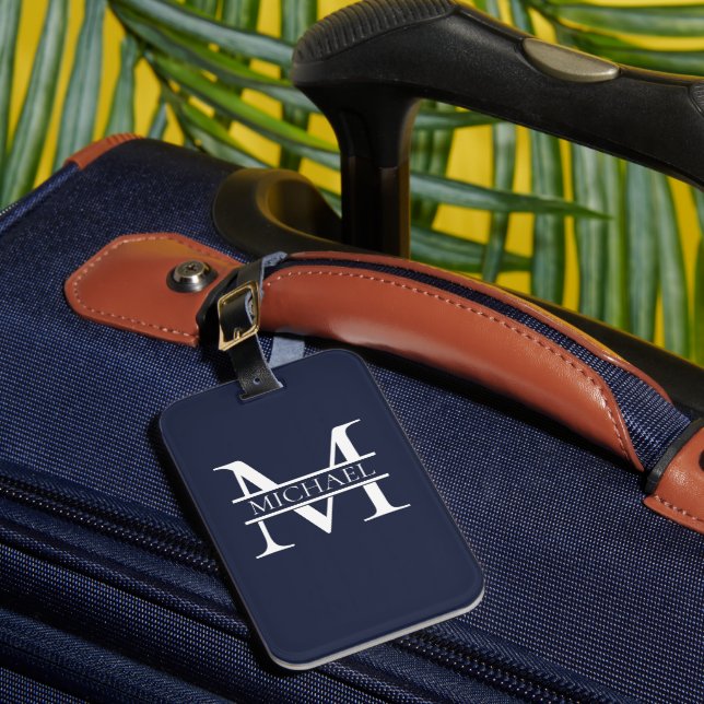 Personalisierte Elegant Navy Blue Monogram und Nam Gepäckanhänger (Vorderseite Insitu 1)