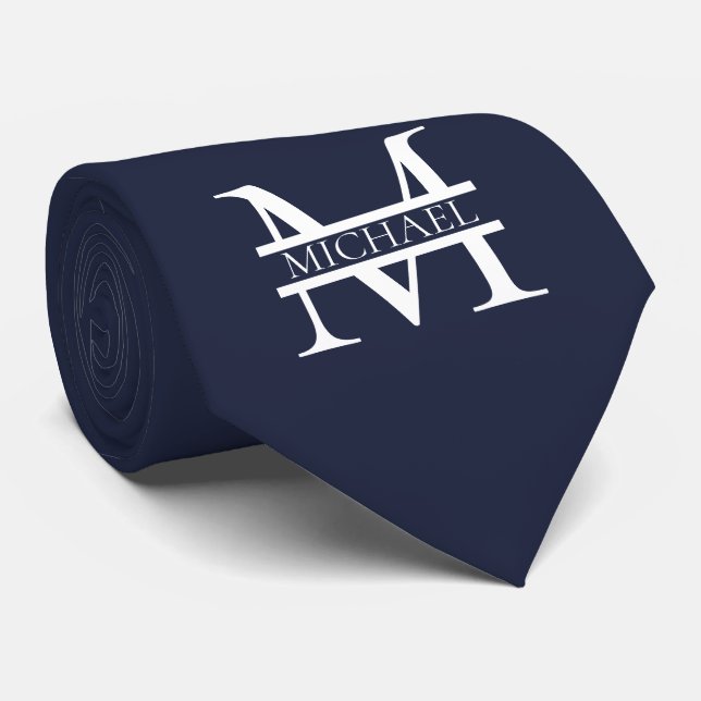 Personalisierte Elegant Navy Blue Monogram und Nam Krawatte (Gerollt)