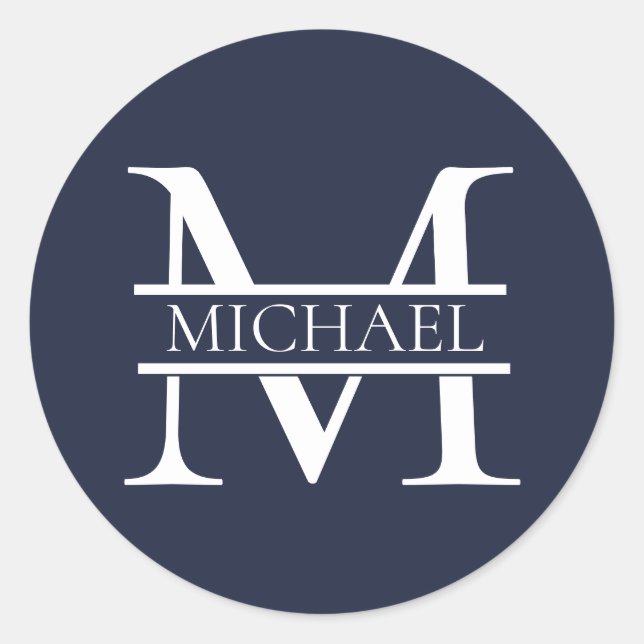 Personalisierte Elegant Navy Blue Monogram und Nam Runder Aufkleber (Vorderseite)