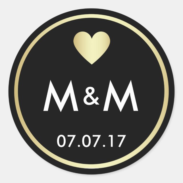 Personalisierte elegante Black Gold & Heart Weddin Runder Aufkleber (Vorderseite)