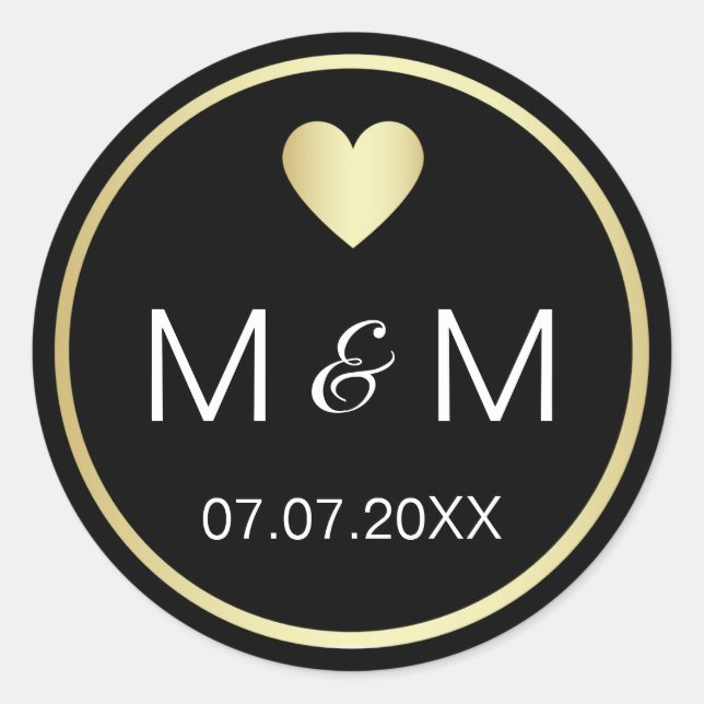 Personalisierte elegante Black Gold & Heart Weddin Runder Aufkleber (Vorderseite)