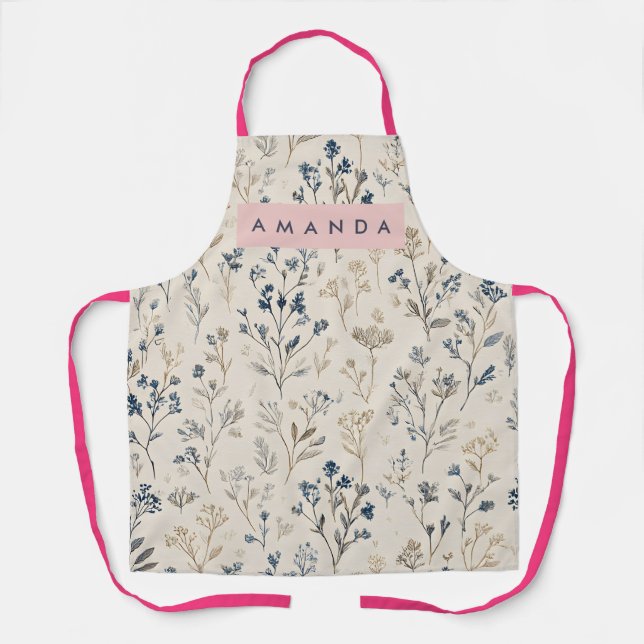 Personalisierte elegante blaue und beige Wildblume Schürze (Vorderseite)
