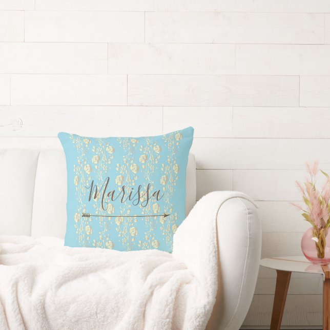 Personalisierte elegante Gold-Blume auf Blue Kissen (Liege)