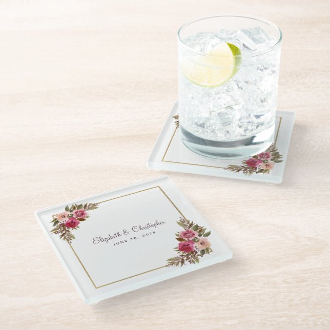 Personalisierte Elegante Hochzeit der Wasserfarben Glasuntersetzer (Schrägansicht)