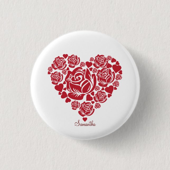 Personalisierte Elegante Rote Rose Herzens Button (Vorderseite)