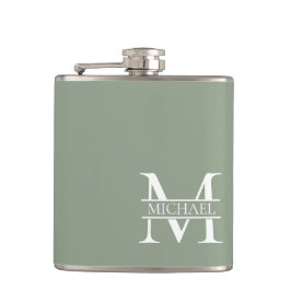 Personalisierte elegante Sage Green Monogram & Nam Flachmann
