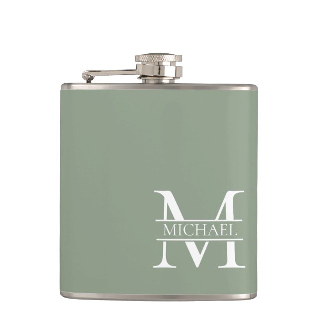 Personalisierte elegante Sage Green Monogram & Nam Flachmann (Vorderseite)