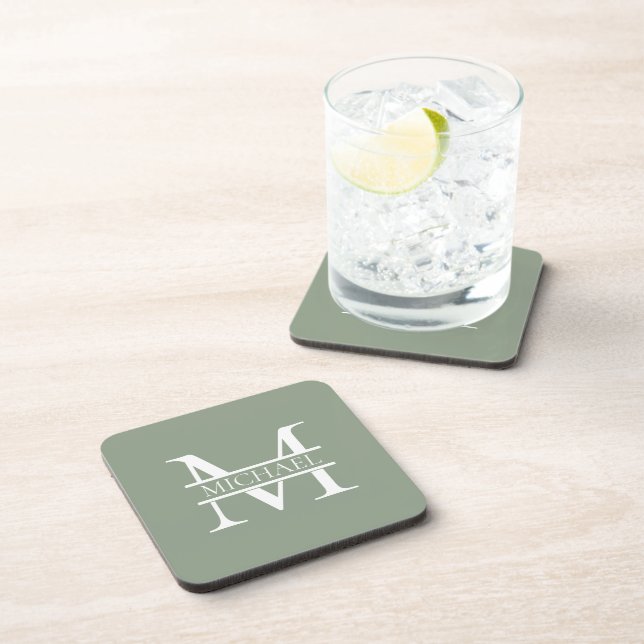 Personalisierte elegante Sage Green Monogram & Nam Getränkeuntersetzer (Rechte Seite)