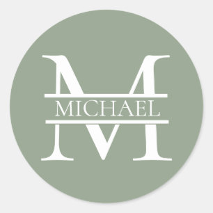 Personalisierte elegante Sage Green Monogram & Nam Runder Aufkleber