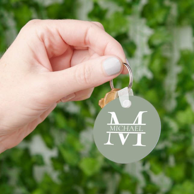 Personalisierte elegante Sage Green Monogram & Nam Schlüsselanhänger (Hand)