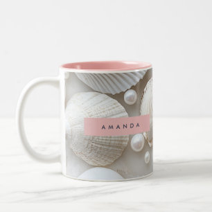 Personalisierte elegante weiße Muschel und Perle Zweifarbige Tasse