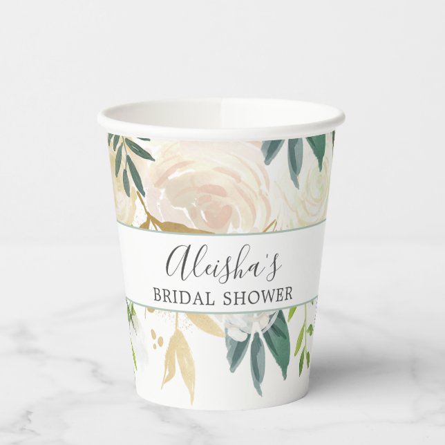 Personalisierte Elegante Weißer Goldene Flora Pappbecher (Links)