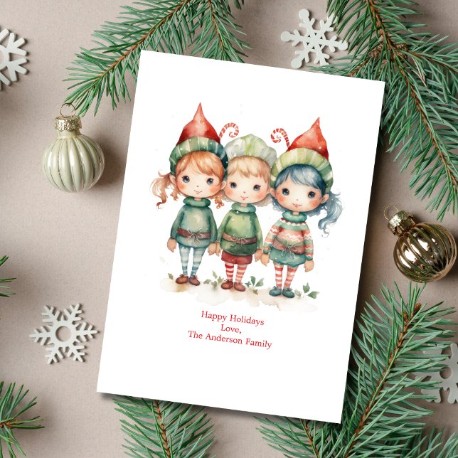 Personalisierte Elfen Elf Weihnachtskarte Feiertagskarte (Three Whimsical Watercolor Elves Christmas Holiday Card. Printed or Digital Instant download)