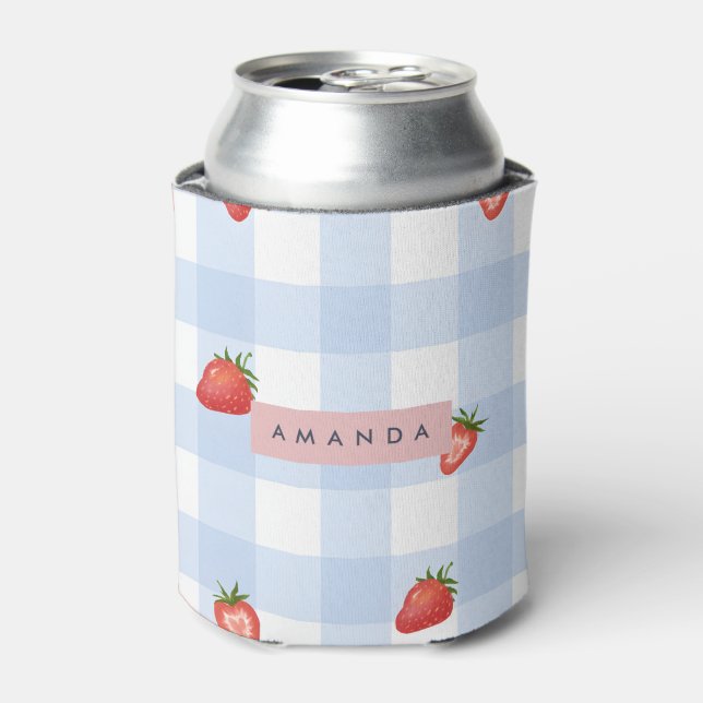 Personalisierte Erdbeere & Blue Gingham Pattern Dosenkühler (Kanne Vorderseite)
