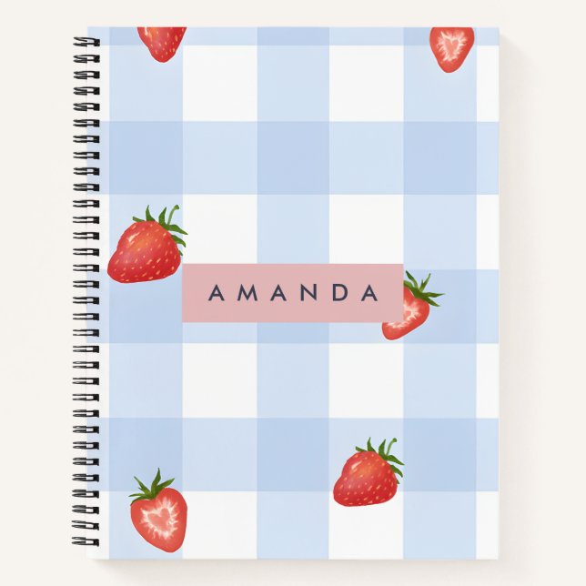 Personalisierte Erdbeere & Blue Gingham Pattern Notizbuch (Vorderseite)