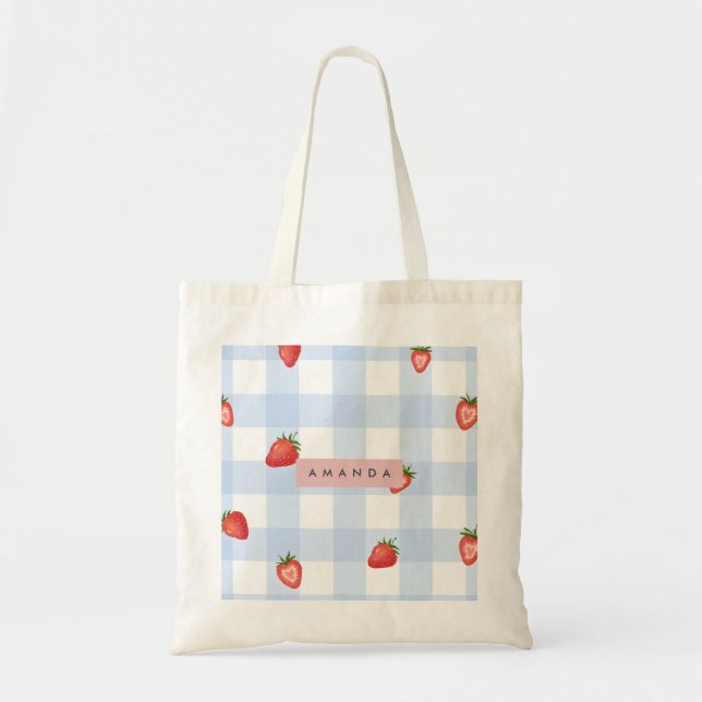 Personalisierte Erdbeere & Blue Gingham Pattern Tragetasche (Vorne)
