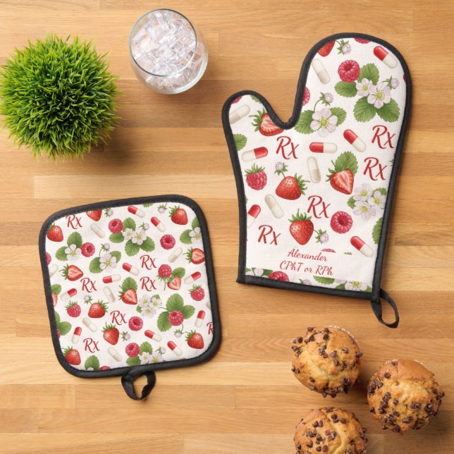 Personalisierte Erdbeere und Kapsel Pharmacy Ofenhandschuh & Topflappen-Set (Oben Unten)