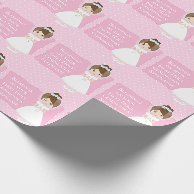 Personalisierte Erste Kommune Brünette Girl Geschenkpapier (Ecke)
