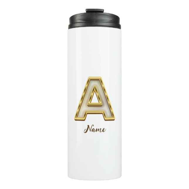 Personalisierte Erstmalige Monogramm-Gold-Typograf Thermosbecher (Vorderseite)