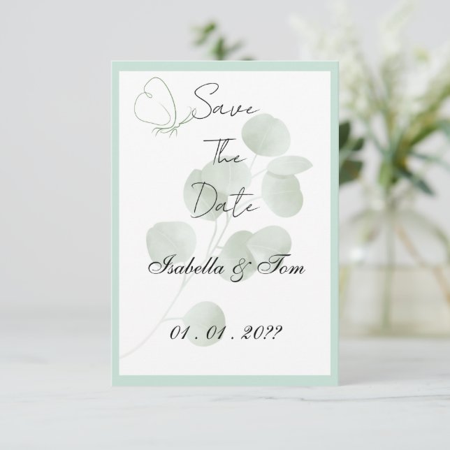Personalisierte Eukalyptus-Hochzeit | Boho-Botanis Save The Date (Stehend Vorderseite)
