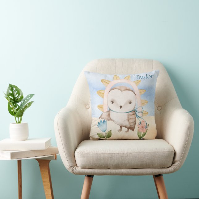 Personalisierte Eule, Babytiere, Boho, Regenbogen Kissen (Stuhl )