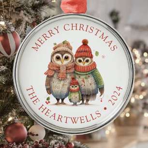 Personalisierte Eulenfamilie Frohe Weihnachten Ornament Aus Metall