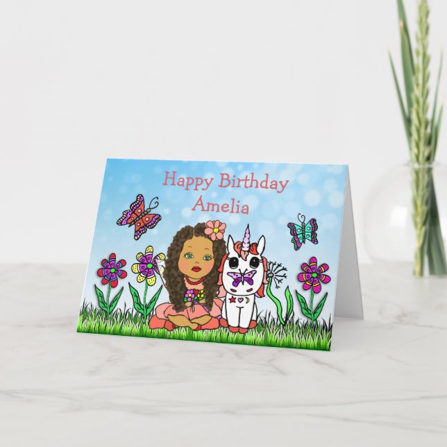 Personalisierte Fairy und Unicorn Happy Birthday Karte (Vorderseite)