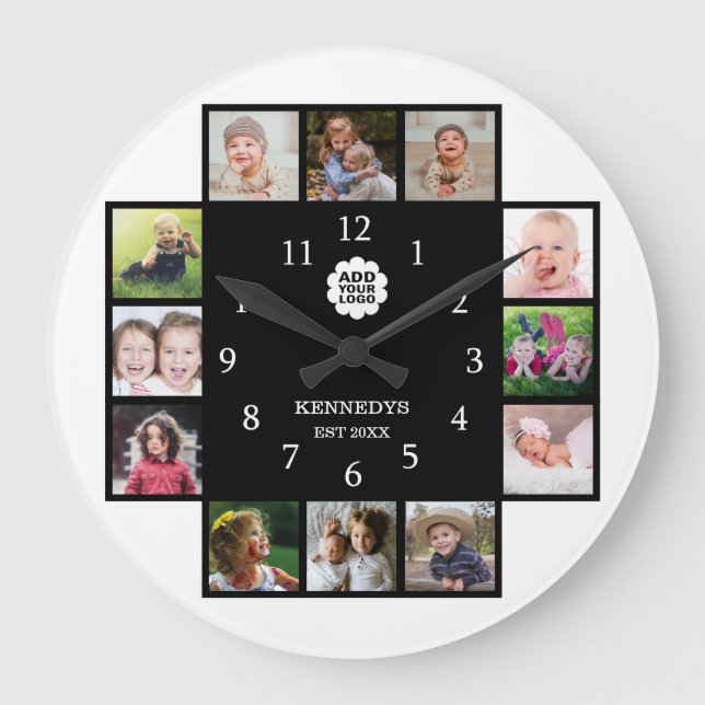 Personalisierte Familie 12 Schwarz-Foto-Collage-Lo Große Wanduhr (Vorderseite)