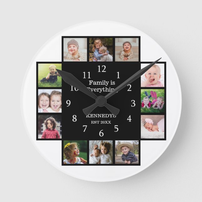 Personalisierte Familie 12 Schwarzer Fotolack Runde Wanduhr (Vorderseite)
