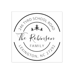 Personalisierte Familienadresse Round Pine Tree Gummistempel