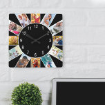 Personalisierte Familienfoto Collage Black Quadratische Wanduhr<br><div class="desc">Personalisierte Foto Uhr mit eigenen Fotos. Die Fotovorlage ist für Sie bereit, 12 Ihrer Lieblingsfotos im Uhrzeigersinn von oben hinzuzufügen. Das Set ist für Sie bereit. Dieses schlichte und frische Schwarz-Design mit weißen Zahlen wird sich durch eine moderne und moderne Dekoration auszeichnen. Für dieses Design werden quadratische Instagram- und Portrait-Fotos...</div>