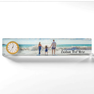 Personalisierte Familienfoto-Schreibtisch-Uhr mit Namensplakette