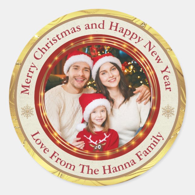 Personalisierte Familienfotos Frohe Weihnachten Runder Aufkleber (Vorderseite)